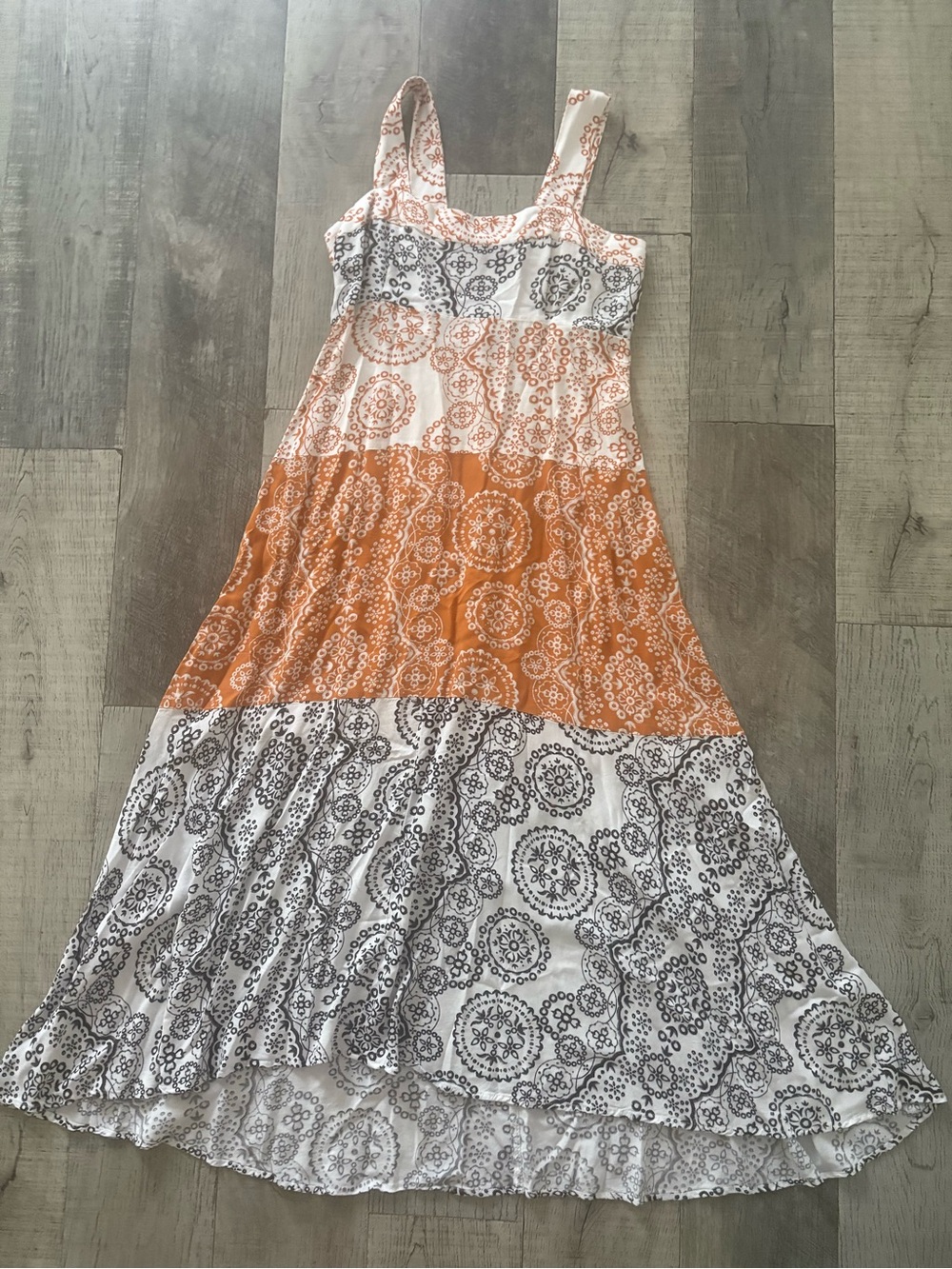 Sleeveless Orange and White Midi Dress with Medallion Print
